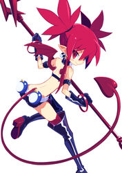  bare_shoulders belt black_choker black_gloves black_thighhighs bracelet choker demon_tail demon_wings disgaea earrings elder_spear etna_(disgaea) fanny_pack female gloves holding holding_polearm holding_weapon jewelry makai_senki_disgaea pointy_ears polearm red_eyes red_hair short_hair simple_background skull_earrings slit_pupils smile spear tail thighhighs twintails weapon white_background wings zuku_p 