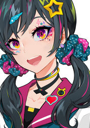  :d black_hair blue_scrunchie blush collarbone colorful commentary_request diagonal_stripes earrings english_text eyelashes eyeliner facial_mark fashion female hair_ornament hairclip head_tilt heart heart_facial_mark highres jewelry lam_(ramdayo) lightning_bolt_symbol long_hair looking_at_viewer makeup multicolored_eyes multicolored_eyeshadow multicolored_hair multicolored_scrunchie open_mouth original pink_hair pink_scrunchie play_button plus_sign polka_dot polka_dot_scrunchie purple_eyes scrunchie sidelocks simple_background smile solo star_(symbol) star_facial_mark star_hair_ornament streaked_hair striped sweatdrop teardrop_facial_mark teeth twintails upper_teeth_only white_background 