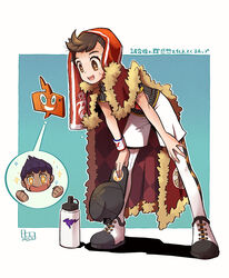  1boy :d argyle bad_id bad_pixiv_id bent_over bo9_(bo9_nc) bottle brown_eyes brown_hair cape champion_uniform commentary dated dynamax_band fur-trimmed_cape fur_trim hat holding holding_clothes holding_hat hop_(pokemon) leggings looking_down male_focus open_mouth pokemon pokemon_swsh red_cape rotom rotom_phone shirt shoes short_sleeves shorts signature smile sparkle sweat symbol-only_commentary teeth tongue towel towel_on_head translation_request unworn_hat unworn_headwear victor_(pokemon) water_bottle white_legwear white_shorts 