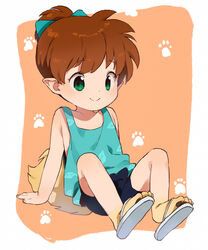  1boy animal_hands blush brown_hair demon_boy feet fox_tail full_body green_eyes highres inuyasha looking_at_viewer male_focus nemui_(nemuriyagi) paw_print pointy_ears sandals shippou_(inuyasha) shorts sitting solo tail tank_top 