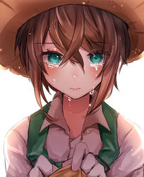  bad_id bad_pixiv_id blush brown_hair chigiri_kurenai collared_shirt commentary_request crying emma_woods female frown gloves green_eyes hair_between_eyes hat highres identity_v looking_at_viewer pulling sad shirt short_hair simple_background solo straw_hat sun_hat suspenders tears upper_body white_background white_gloves white_shirt 