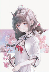  absurdres amaroku_neko blush bow breasts cherry_blossoms chinese_clothes cleavage cleavage_cutout closed_mouth clothing_cutout copyright_request feline female flower highres holding horns indie_virtual_youtuber kano_(utaite) long_sleeves looking_at_viewer red_bow short_hair small_breasts smile utaite virtual_youtuber 