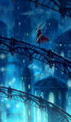  blue_theme bridge building city cloud commentary female from_behind highres hollow_knight hornet_(hollow_knight) in-universe_location mamoru_mikokoro nail_(hollow_knight) needle_(hollow_knight) no_humans rain red_robe robe scenery solo standing string tower weapon weapon_on_back wet wet_clothes wide_shot window 