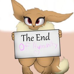  1:1 2019 allbadbadgers anthro apocalypse big_ears brown_body brown_fur conditional_dnp eevee english_text female fur generation_1_pokemon hi_res holding_object holding_sign neck_tuft nintendo nude pink_eyes pokemon pokemon_(species) semi-anthro sign simple_background solo standing text the_end thick_thighs tuft 