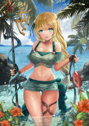  alternate_costume ass_visible_through_thighs bad_id bad_pixiv_id bikini bikini_shorts blonde_hair blue_sky breasts brown_gloves cleavage cloud commentary_request day feet_out_of_frame female fingerless_gloves fire_emblem fire_emblem:_three_houses fire_emblem_heroes fish flower gloves green_bikini green_eyes hair_flower hair_ornament highres holding ingrid_brandl_galatea ingrid_brandl_galatea_(summer) large_breasts long_hair midriff navel official_alternate_costume open_mouth outdoors palm_tree polearm shorts sky solo starpoint_lance_(fire_emblem) swimsuit tree wading water weapon yui_(msy1302mana) 