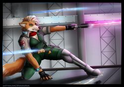  2019 abananaman anthro canid canine clothing conditional_dnp detailed_background female fox fox_mccloud gun jacket mammal nintendo plantigrade ranged_weapon rule_63 solo star_fox topwear weapon 