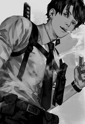  1boy belt black_necktie chainsaw_man chest_belt cigarette curtained_hair ear_piercing greyscale harness highres holding holding_lighter katana kishibe_(chainsaw_man) kishibe_(young)_(chainsaw_man) knife lighter looking_at_viewer male_focus monochrome necktie piercing seki_(fyfyfy) short_hair simple_background sleeves_rolled_up smoke smoking solo strap sword watch weapon weapon_on_back 