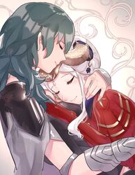  2girls blush byleth_(female)_(fire_emblem) byleth_(fire_emblem) closed_eyes commentary_request edelgard_von_hresvelg fire_emblem fire_emblem:_three_houses green_hair hand_on_another&#039;s_chest highres hug light_blush medium_hair multiple_girls sakuramotikun sleeping sleeping_on_person smile tiara upper_body white_hair yuri 