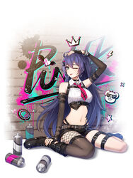  ;p arm_belt arm_up armpits artist_request bare_shoulders belt black_choker black_footwear black_gloves black_shorts boots bracelet breasts brown_thighhighs chains chest_harness choker closers collared_shirt crop_top detached_sleeves earrings eunha_(closers) female fingerless_gloves fishnet_thighhighs fishnets full_body gloves green_eyes hair_ornament hairclip hand_on_own_head hand_on_own_leg harness highleg highres jewelry large_breasts leg_belt long_hair looking_at_viewer midriff navel necktie non-web_source official_art one_eye_closed purple_hair ribbed_shirt shirt short_necktie short_shorts shorts single_thighhigh sitting sleeveless sleeveless_shirt solo spray_can stomach tattoo thighhighs tongue tongue_out very_long_hair wariza white_shirt 