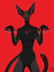  2020 3:4 anthro black_body breasts claws cybernetics cyborg digital_media_(artwork) domestic_cat featureless_breasts featureless_crotch felid feline felis female hairless hairless_cat hi_res machine mammal portrait red_background red_eyes sergeyfoxx simple_background skinny skinny_female solo sphynx_(cat) tesla_(brand) three-quarter_portrait 