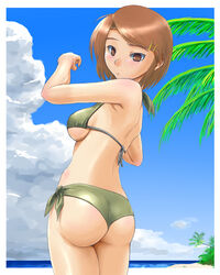  adder ass beach bikini blue_sky border breasts brown_hair cloud day female green_eyes halterneck highres large_breasts ocean original outside_border palm_tree side-tie_bikini_bottom sideboob sky solo sweat swimsuit tree white_border 