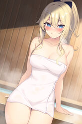  absurdres arm_support bath blonde_hair blue_eyes blush bow breasts cleavage female genshin_impact hairbow hanpenmaru highres jean_(genshin_impact) large_breasts long_hair looking_at_viewer naked_towel ofuro ponytail smile solo steam towel water 