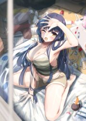  absurdres armpits bare_legs bare_shoulders barefoot blue_hair blunt_bangs breasts cleavage collarbone commentary crop_top female futon highres idolmaster idolmaster_million_live! kitakami_reika large_breasts long_hair looking_up messy_room midriff moment_(moment_607) navel one_eye_closed open_mouth short_shorts shorts sitting solo spaghetti_strap tank_top trash very_long_hair wariza yellow_eyes 