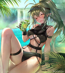  ;d antenna_hair arknights arm_strap bare_legs bare_shoulders bikini black_bikini black_gloves black_hat blush breasts crocodilian_tail cup day drink feet_out_of_frame female food fruit gavial_(arknights) gloves green_hair hat head_tilt high_ponytail holding holding_cup knee_up large_breasts lime_(fruit) lime_slice linked_bikini long_hair looking_at_viewer navel niwatori_(satoru0201) official_alternate_costume one_eye_closed open_mouth outdoors pointy_ears rainbow sidelocks single_glove sitting smile solo sparkle stomach swimsuit tail thigh_strap twitter_username underboob very_long_hair visor_cap water waterfall wet yellow_eyes 