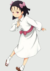  black_hair bow chobbi female full_body grey_background hairbow jacket japanese_clothes kimetsu_no_yaiba long_skirt long_sleeves pink_bow pink_eyes short_hair simple_background skirt smile socks solo terauchi_kiyo white_jacket white_skirt white_socks 