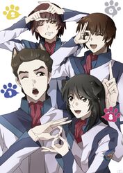  2boys 2girls animal_ear_fluff animal_ears arms_up artist_name black_hair blush brown_eyes brown_hair cat_ears clenched_teeth closed_eyes dog_ears douma_hiroto embarrassed finger_marks highres long_hair long_sleeves multiple_boys multiple_girls nishio_akira nishio_rina one_eye_closed open_mouth pointing pointing_up short_hair siblings simple_background smile soukyuu_no_fafner tatekami_seri teeth twins uc_(8rk3) uniform white_background 