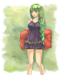  alternate_costume arms_behind_back bad_id bad_pixiv_id braid breasts camisole casual colored_eyelashes commentary_request feet_out_of_frame female fiore_brunelli green_background green_hair highres long_hair looking_away parted_lips pillow sleepwear smile solo standing star_ocean star_ocean_integrity_and_faithlessness suzuki_(sudukishiho) yellow_eyes 