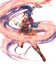  armor blue_eyes blue_hair boots female fingernails fire_emblem fire_emblem:_new_mystery_of_the_emblem fire_emblem_heroes full_body highres holding holding_polearm holding_weapon izuka_daisuke knee_boots kris_(female)_(fire_emblem) kris_(fire_emblem) leg_up long_hair non-web_source official_art open_mouth polearm ponytail short_sleeves shoulder_armor sidelocks solo spear sword thigh_boots thighhighs transparent_background weapon 