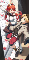  1boy absurdres ahoge bare_shoulders eris_greyrat female grey_robe highres holding_hands hooded_robe jacket long_sleeves mushoku_tensei off-shoulder_shirt off_shoulder red_shorts red_skirt robe rudeus_greyrat shirt shorts skirt stone_floor tomato white_shirt yuyu_guantou_(marky) 