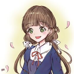  artist_name blue_jacket blush braid brown_hair cherry_blossoms collared_shirt commentary female green_eyes half_up_braid jacket long_hair love_live! love_live!_superstar!! low_twintails neck_ribbon open_clothes open_jacket petals red_ribbon ribbon sakurakoji_kinako school_uniform shirt smile solo suzuhara_nozomi twintails upper_body white_background white_shirt yuigaoka_school_uniform 