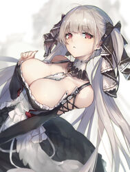  absurdres azur_lane bare_shoulders between_breasts black_dress blush breasts cleavage cruel_gz dress earrings female formidable_(azur_lane) frilled_dress frills grey_hair hair_ornament hair_ribbon hand_up head_tilt highres jewelry large_breasts long_hair long_sleeves looking_at_viewer parted_lips red_eyes ribbon simple_background solo twintails white_background 