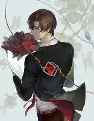  1boy artem_wing_(tears_of_themis) belt black_jacket black_pants blue_eyes bouquet brown_hair closed_mouth flower formal highres holding holding_bouquet jacket laoyepo long_sleeves looking_at_viewer looking_back male_focus pants red_flower red_rose rose short_hair solo tears_of_themis white_background 