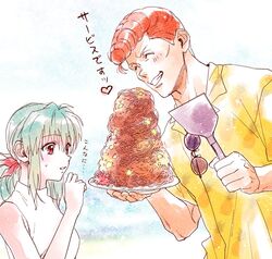  aqua_hair blush closed_eyes female food hair_ribbon heart holding holding_plate holding_spatula imuro kuwabara_kazuma lips long_hair low_ponytail noodles orange_hair parted_lips plate red_ribbon ribbon shirt short_hair short_sleeves sidelocks sleeveless sleeveless_shirt spatula sweatdrop upper_body white_shirt yakisoba yellow_shirt yu_yu_hakusho yukina_(yu_yu_hakusho) 