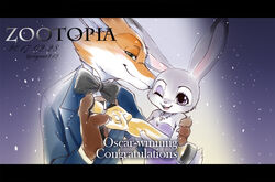  2017 anthro award bare_shoulders black_tie_(suit) bow_(feature) bow_tie buckteeth canid canine claws clothed clothing disney dogear218 dress duo female fox fur green_eyes half-length_portrait holding_award holding_object holding_oscar_statuette jewelry judy_hopps lagomorph leporid looking_at_viewer male mammal multicolored_body multicolored_fur necklace nick_wilde one_eye_closed open_mouth open_smile oscar_statuette portrait purple_eyes rabbit red_fox simple_background size_difference smile suit teeth true_fox two_tone_body two_tone_fur wink zootopia 