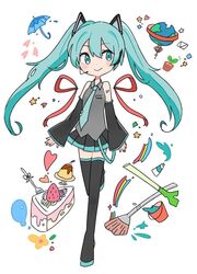  aqua_eyes aqua_hair aqua_neckwear boots bucket cake cherry commentary dated_commentary detached_sleeves english_commentary female food fork fruit globe hatsune_miku headset heart leg_up letter long_hair mikan_(mikabe) necktie paintbrush plant potted_plant puddle sapling skirt solo spring_onion star_(symbol) strawberry thigh_boots thighhighs twintails umbrella vocaloid 