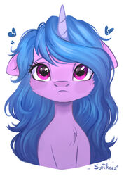  absurd_res broken_heart chest_tuft ears_down equid equine eyelashes female feral fur hasbro heart_symbol hi_res horn izzy_moonbow_(mlp) mammal mlp_g5 my_little_pony mythological_creature mythological_equine mythology pivoted_ears purple_body purple_fur sad signature sofiko-ko solo tuft unicorn 