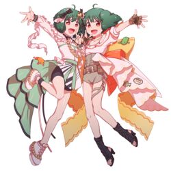  2girls \m/ ahoge bike_shorts chaku_(horhor71) dual_persona fingerless_gloves frills full_body gloves green_hair hair_ornament high-waist_shorts high_heels macross macross_frontier multiple_girls oerba_yun_fang official_alternate_costume oosanshouuo-san open_mouth platform_footwear ranka_lee red_eyes short_hair short_shorts shorts smile toeless_footwear transparent_background uta_macross_sumaho_deculture 