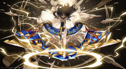  arms_up bare_shoulders black_hair breasts bridal_gauntlets earrings elbow_gloves electricity explosion fate/grand_order fate_(series) feet female gloves heavenly_boat_maanna highres hoop_earrings ishtar_(fate) jewelry legs long_hair looking_at_viewer neck_ring parted_bangs pelvic_curtain red_eyes single_elbow_glove single_thighhigh solo thighhighs tiara two_side_up yaoshi_jun 