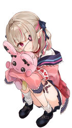  absurdres bag black_footwear black_skirt brown_hair closed_mouth collar eyepatch female frown full_body handbag highres hikari_yui hugging_doll hugging_object jacket long_hair looking_at_viewer loose_socks makaino_ririmu makaino_ririmu_(4th_costume) multicolored_hair nijisanji pink_hair pink_jacket pointy_ears red_eyes shirt shoes skirt sleeves_past_fingers sleeves_past_wrists socks solo squatting stuffed_animal stuffed_rabbit stuffed_toy two-tone_hair virtual_youtuber white_shirt white_socks 