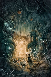  1boy 3others artist_name aspid_hunter_(hollow_knight) bathing beetle bug butterfly cave cave_interior column commentary fossil glowing grub_(hollow_knight) highres hollow_knight knight_(hollow_knight) lamppost lance mamoru_mikokoro multiple_others nail_(hollow_knight) no_humans old_nail_(hollow_knight) onsen pillar plant polearm puddle quirrel railing rock scenery signature stalactite standing statue stick stone_walkway tiktik_(hollow_knight) water waterfall weapon wheel wide_shot 