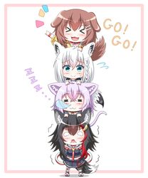  &gt;_&lt; 4girls :3 =_= absurdres animal_ears black_hair black_shirt black_skirt blush bone_hair_ornament border brown_hair cat_ears cat_girl cat_tail chibi commentary_request dog_ears dog_girl dog_tail fox_ears fox_girl fox_tail hair_between_eyes hair_ornament hands_on_another&#039;s_head highres hololive hololive_gamers hood hoodie human_tower inugami_korone inugami_korone_(1st_costume) jacket looking_at_viewer multicolored_hair multiple_girls nekomata_okayu nekomata_okayu_(1st_costume) nose_bubble notice_lines ookami_mio ookami_mio_(casual) pleated_skirt purple_hair red_hair riretsuto shirakami_fubuki shirakami_fubuki_(1st_costume) shirt simple_background skirt sleeping stacking sweatdrop tail trembling two-tone_hair virtual_youtuber white_background white_hair white_hoodie wolf_ears wolf_girl wolf_tail yellow_jacket zzz 