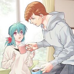  1boy aqua_hair black_undershirt casual coffee coffee_mug cup curtains female grey_hoodie hair_ribbon height_difference holding holding_cup hood hoodie imuro indoors kuwabara_kazuma long_hair long_sleeves looking_at_another low_ponytail mug open_mouth parted_lips red_eyes red_ribbon ribbon sidelocks sitting sweater undershirt white_sweater yu_yu_hakusho yukina_(yu_yu_hakusho) 