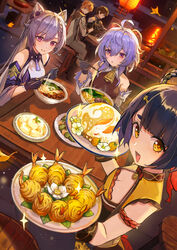  2boys 3girls absurdres ahoge almond_tofu_(genshin_impact) bad_id bad_twitter_id bare_shoulders bell black_gloves black_hair blue_hair blush breasts brown_hair chopsticks cleavage detached_sleeves dress flower food formal ganyu_(genshin_impact) genshin_impact gloves golden_shrimp_balls_(genshin_impact) highres horns keqing_(genshin_impact) lantern long_hair looking_at_another looking_at_viewer looking_to_the_side multiple_boys multiple_girls neck_bell noodles open_mouth outdoors paper_lantern prosperous_peace_(genshin_impact) purple_dress purple_eyes purple_hair qingxin_flower sidelocks smile sparkle suit table tartaglia_(genshin_impact) upper_body white_flower xiangling_(genshin_impact) xude yellow_eyes zhongli_(genshin_impact) 