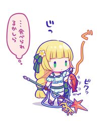  blonde_hair chibi commentary female fire_emblem fire_emblem:_three_houses fire_emblem_heroes fish flower green_eyes hair_flower hair_ornament hiyori_(rindou66) holding ingrid_brandl_galatea ingrid_brandl_galatea_(summer) long_hair polearm simple_background solo starpoint_lance_(fire_emblem) swimsuit translated weapon white_background 