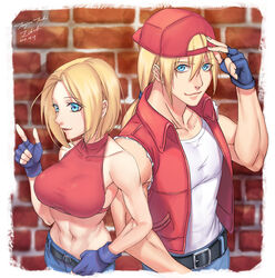  1boy adjusting_clothes adjusting_headwear backwards_hat baseball_cap blonde_hair blue_eyes blue_mary breasts commentary_request crop_top fatal_fury female fingerless_gloves gloves hat large_breasts midriff photoshop_(medium) ponytail red_vest short_hair tenjou_tsuki terry_bogard the_king_of_fighters toned vest 