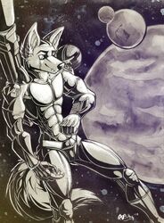  2018 2019 absurd_res android anthro armor black_nose boneitis canid canine chrome chrome_body claws communicator digital_drawing_(artwork) digital_media_(artwork) floating futuristic_armor graphite_(artwork) greyscale gun hi_res looking_down machine male mammal metallic_body monochrome moon orbit pencil_(artwork) planet plantigrade ranged_weapon robot robotic scar shoulder_cannon signature smile solo space star story_at_source tail tail_tuft toothy_grin traditional_media_(artwork) tuft weapon weapon_on_shoulder wolf_tail wrist_computer 