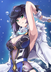  :p absurdres armpits arms_behind_head atawatsho black_hair breasts chinese_clothes cleavage coat coat_on_shoulders commentary english_commentary eyes_visible_through_hair female fur-trimmed_coat fur_trim genshin_impact green_eyes head_tilt highres looking_at_viewer presenting_armpit short_hair sidelocks simple_background solo tongue tongue_out yelan_(genshin_impact) 