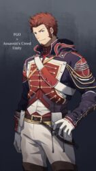  1boy 47 assassin&#039;s_creed:_unity assassin&#039;s_creed_(series) beard blue_eyes brown_hair commentary_request facial_hair fate/grand_order fate_(series) gloves highres hood hood_down hoodie looking_at_viewer male_focus military military_uniform napoleon_bonaparte_(fate/grand_order) pants solo uniform 