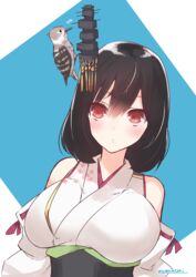  absurdres bird black_hair breasts commentary detached_sleeves female floral_print hair_ornament highres kantai_collection large_breasts momimaki red_eyes short_hair symbol-only_commentary upper_body wide_sleeves yamashiro_(kancolle) 