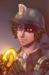  1boy amber_(gemstone) black_gloves brown_eyes brown_hair bug butterfly candle commentary_request gem gloves golden_egg gradient_background hat higami_akabane identity_v male_focus norton_campbell profile shiny simple_background smile solo 