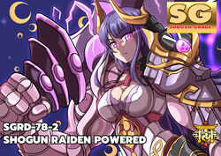  absurdres armor atawatsho blunt_bangs bow bowtie box_art breasts cleavage commentary crescent disembodied_hand english_commentary english_text fake_box_art female genshin_impact glowing glowing_eyes hair_ornament highres holding holding_sword holding_weapon japanese_clothes long_hair long_sleeves looking_at_viewer low_ponytail mitsudomoe_(shape) official_alternate_costume purple_eyes purple_hair raiden_shogun raiden_shogun_(magatsu_mitake_narukami_no_mikoto) shoulder_armor sidelocks solo sword tomoe_(symbol) weapon 