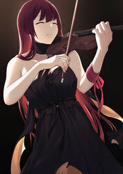  alternate_costume bare_shoulders bbk_(13zk) black_dress breasts choker closed_eyes cowboy_shot dress female girls&#039;_frontline gradient_background highres holding holding_instrument holding_violin instrument light_particles long_hair music official_alternate_costume parted_lips playing_instrument purple_hair red_ribbon ribbon simple_background solo violin wa2000_(ballroom_interlude)_(girls&#039;_frontline) wa2000_(girls&#039;_frontline) wrist_ribbon 