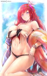  alexiel_(summer)_(granblue_fantasy) bare_shoulders bikini black_bikini blue_eyes blue_sky blush breasts choker commentary_request commission covering_breasts covering_privates female frilled_choker frills godsworn_alexiel granblue_fantasy hair_between_eyes innertube kneeling large_breasts lens_flare long_hair looking_at_viewer nail_polish navel parted_lips red_hair red_nails rei_kun scrunchie signature sky solo sunlight swim_ring swimsuit thighs untied_bikini very_long_hair wet wrist_scrunchie 