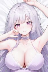  armpits arms_up bed_sheet blush breasts choker cleavage collarbone dress favola female frilled_choker frills highres large_breasts lethe_(lethe187) long_hair looking_at_viewer lying mia_(favola) on_back parted_lips purple_eyes solo virtual_youtuber white_dress white_hair 