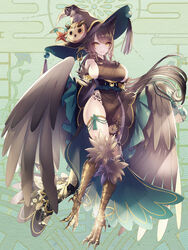  aura_venefika banned_artist bird_legs braid breasts brown_dress brown_wings dairoku_ryouhei dress feathered_wings female full_body green_background harpy hat hat_ornament kyara36 large_breasts long_hair monster_girl sideboob skindentation talons tassel tattoo thigh_strap twin_braids very_long_hair winged_arms wings witch_hat yellow_eyes 