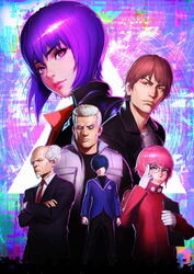  2girls 4boys aramaki_daisuke batou_(gits) black_bodysuit black_jacket blue_hair blue_shirt bodysuit brown_hair clipboard ezaki_purin ghost_in_the_shell ghost_in_the_shell:_sac_2045 glasses grey_hair grey_vest hair_over_one_eye head_tilt highres holding holding_clipboard jacket key_visual kusanagi_motoko looking_at_viewer multiple_boys multiple_girls necktie official_art one_eye_covered pink_eyes pink_hair promotional_art purple_hair red_jacket red_necktie shimamura_takashi shirt short_hair suit_jacket togusa_(gits) v-shaped_eyebrows vest white_shirt 